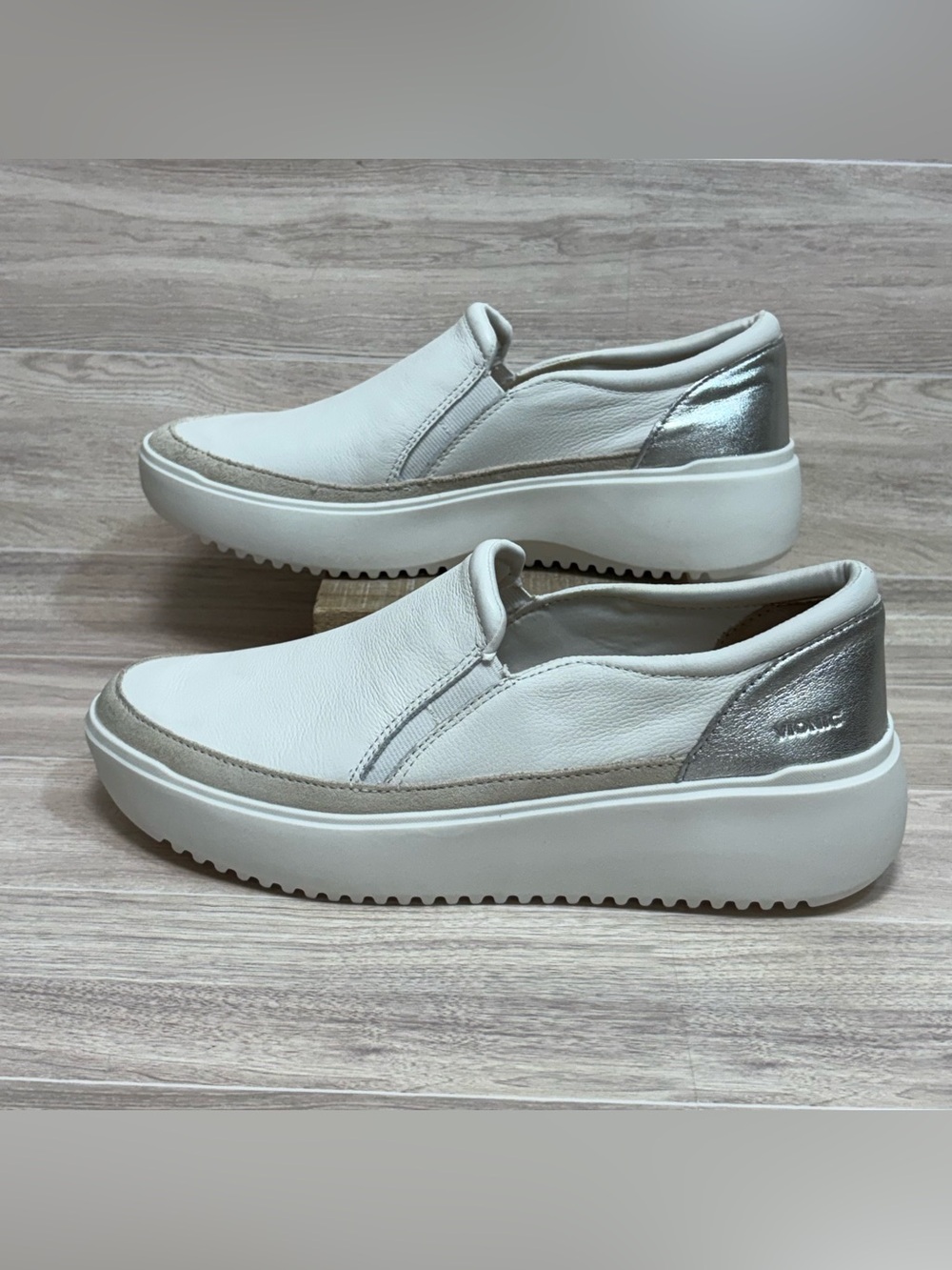 Vionic White Slip-On Platform Sneakers with Silver Heel Accent - Picture 3 of 10
